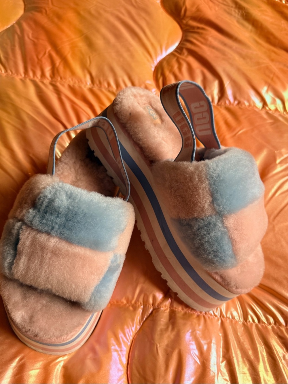 UGG Peach and Light Blue Faux Fur Platform Slingback Slides